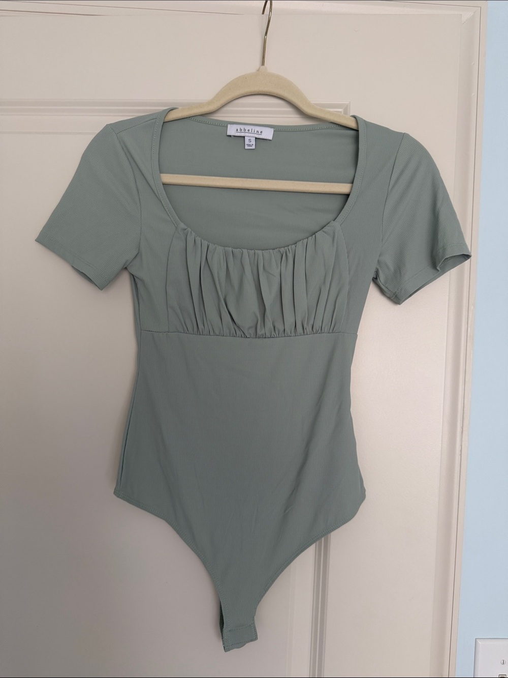 Akhila Sage Green Ruched Scoop Neck Bodysuit - Women